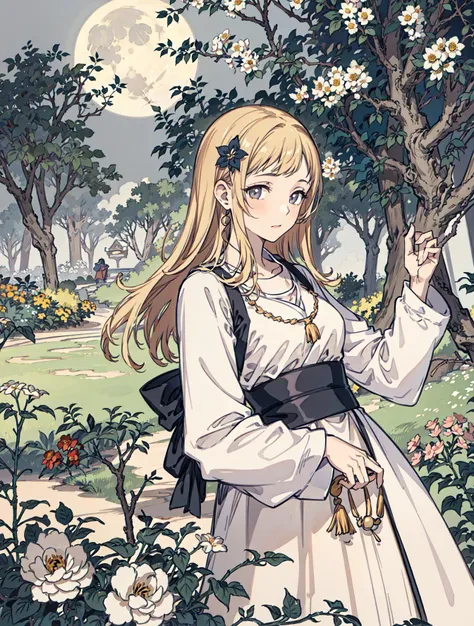 best quality, high_resolution, distinct_image, detailed background ,girl, flower,garden,moon, <lora:sakuragiManoTHEIDOLM_v10:1>
