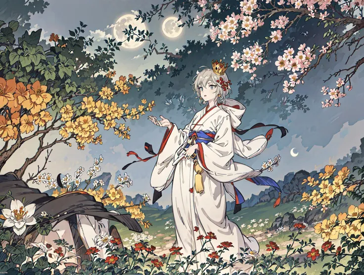 best quality, high_resolution, distinct_image, detailed background ,girl, hanbok,flower,garden,moon, night,dutch angle, wide shot, crown,<lora:anastasiaTHEIdolmSTER_anastasiaV10:1>