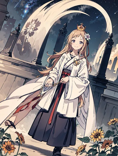 best quality, high_resolution, distinct_image, detailed background ,girl, random wear,flower, night sky,dutch angle, wide shot,shy smile, crown,  <lora:sakuragiManoTHEIDOLM_v10:1>