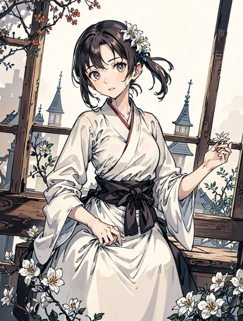 best quality, high_resolution, distinct_image, detailed background ,girl,flower, lain,dutch angle, wet,oriental castle,gothic hanbok, waist apron,