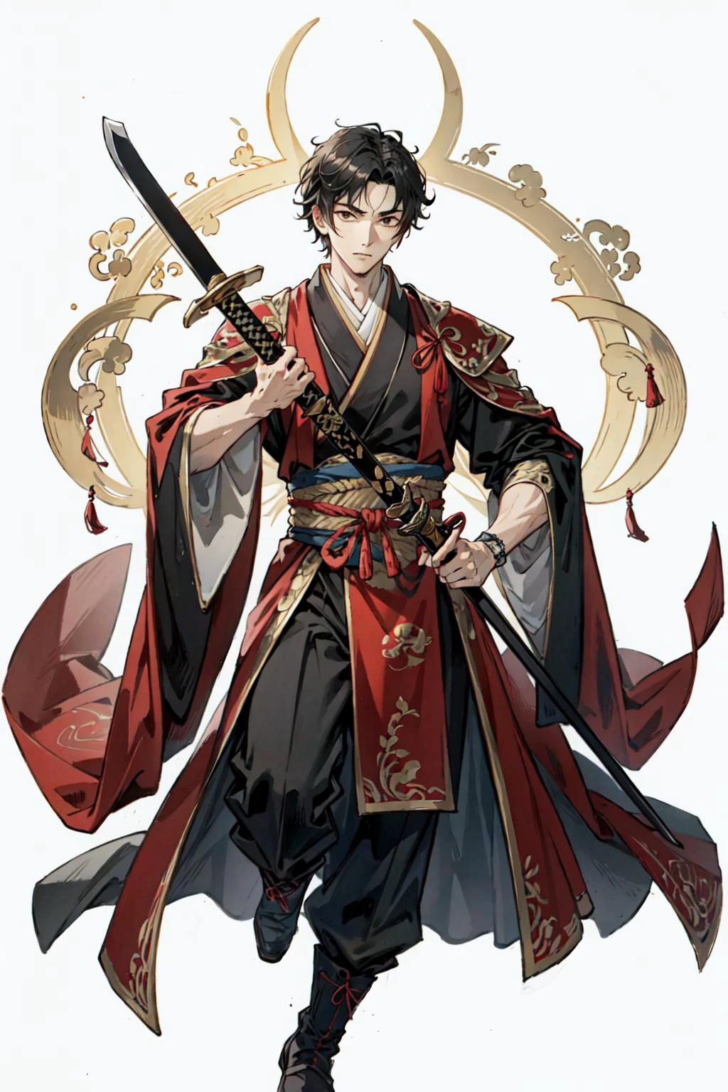 (best quality), detailed background, oriental king,man,combat arts, holding holding sword,
