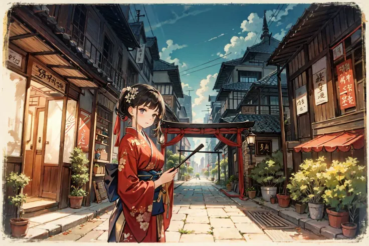 (best quality), girl,oriental detailed background, cityscape,
