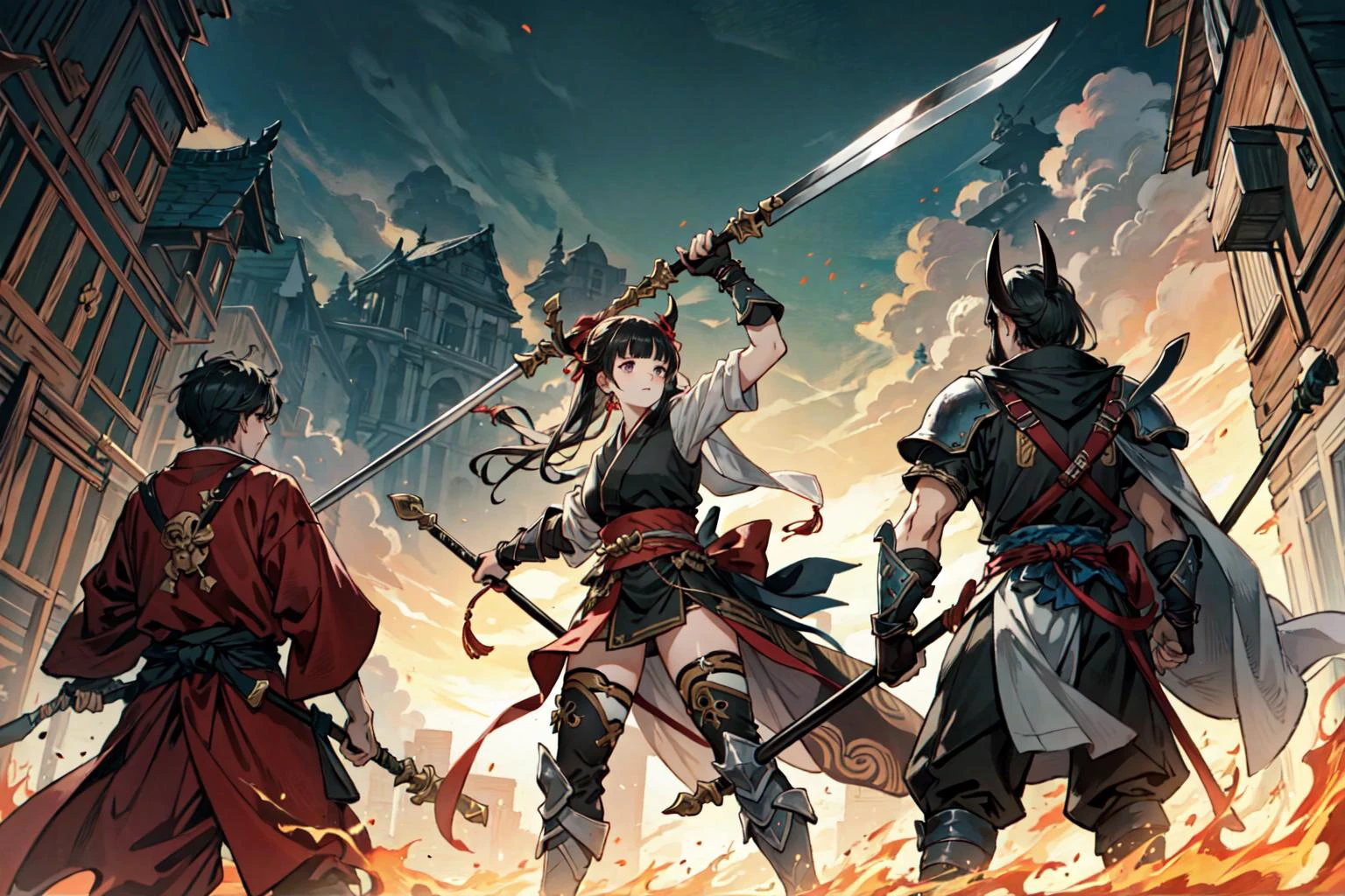 (best quality), detailed background, oriental nobless,warrior girl,combat arts,holding halberd,oni, monster army