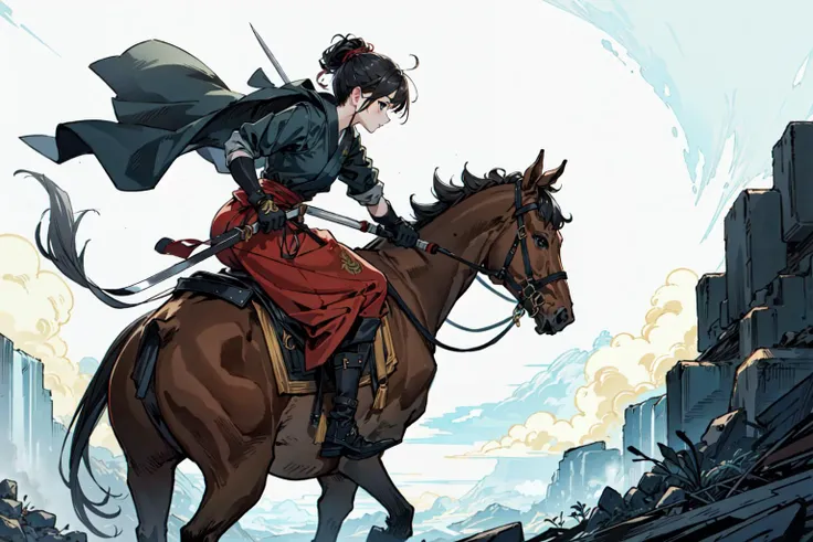 (best quality), detailed background, oriental nobless,warrior girl,combat monster,holding halberd,oni, techwear,riding horse ,mechanical arms,
