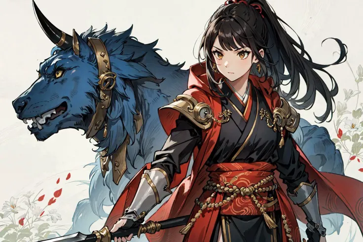 (best quality), detailed background, oriental nobless,warrior girl,combat arts,holding halberd,oni, monster army ,mechanical arms,