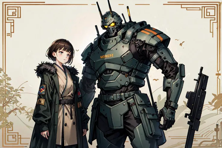 (best quality), oriental detailed background, science fiction,mechanical arms,girl with man , war, monster army, techwear,
military uniform