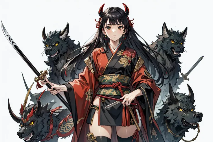 (best quality), detailed background, oriental nobless,warrior girl,combat arts,holding halberd,oni, monster army