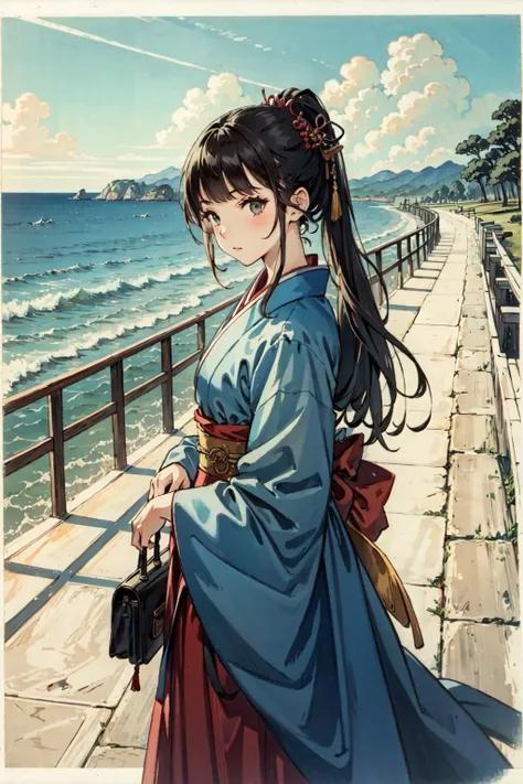 (best quality), girl,oriental detailed background, landscape, steampunk, sea,hanbok