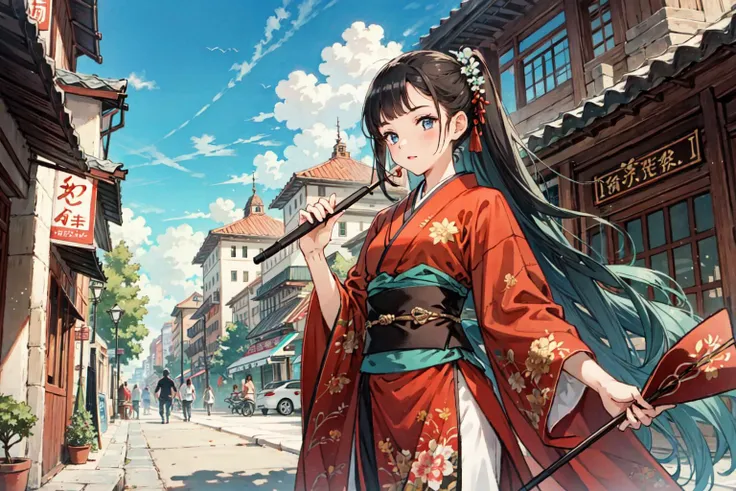 (best quality), girl,oriental detailed background, cityscape,