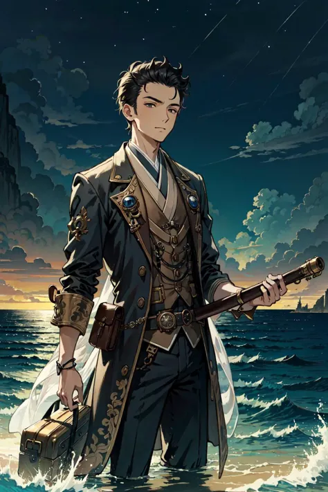 (best quality), oriental detailed background, landscape, man, steampunk, sea, night