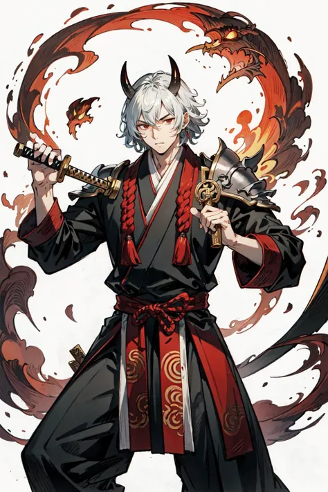 (best quality),  detailed background, oriental emperor,oni man,combat arts, holding holding sword, oriental castle,ghost