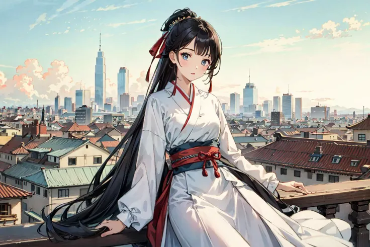(best quality), girl,oriental detailed background, cityscape,