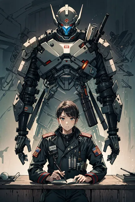 (best quality), oriental detailed background, science fiction,mechanical arms,girl with man , war, monster army, techwear,
military uniform