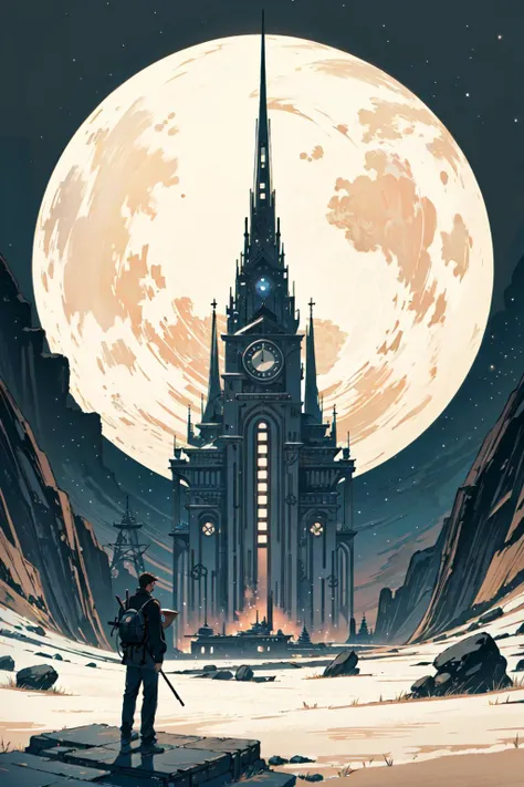 (best quality), oriental detailed background, landscape, man, science fiction, universe tower,