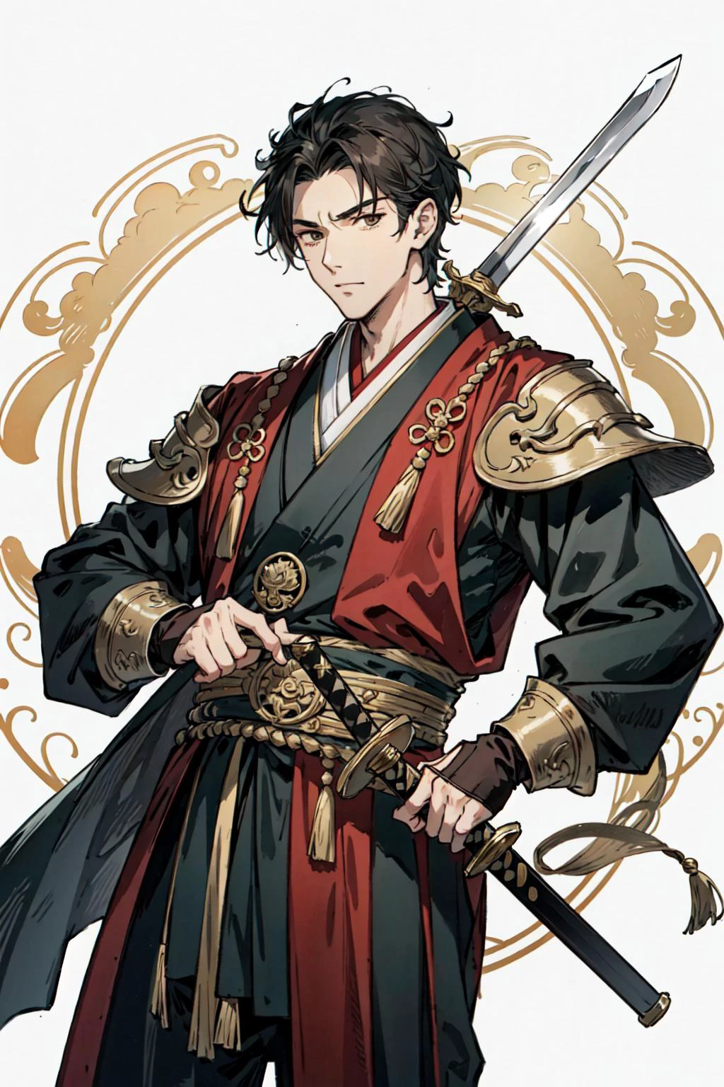 (best quality), detailed background, oriental king,man,combat arts, holding holding sword,
