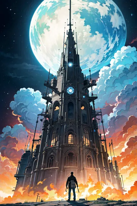 (best quality), oriental detailed background, landscape, man, science fiction, universe tower,