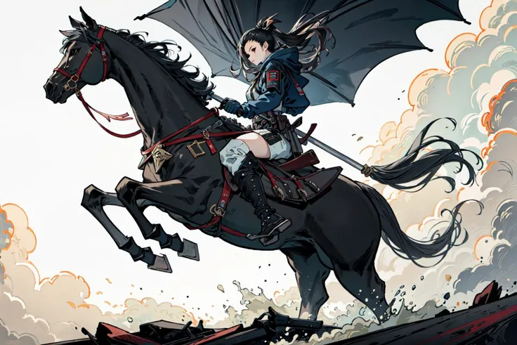 (best quality), detailed background, oriental nobless,warrior girl,combat monster,holding halberd,oni, techwear,riding horse ,mechanical arms, slash army