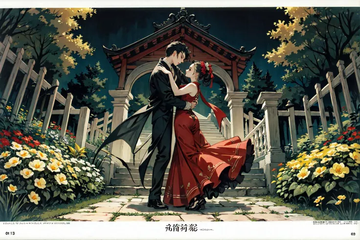 (best quality), detailed background,gothic, horror, vampire, oriental, nobless,girl dancing with man,garden