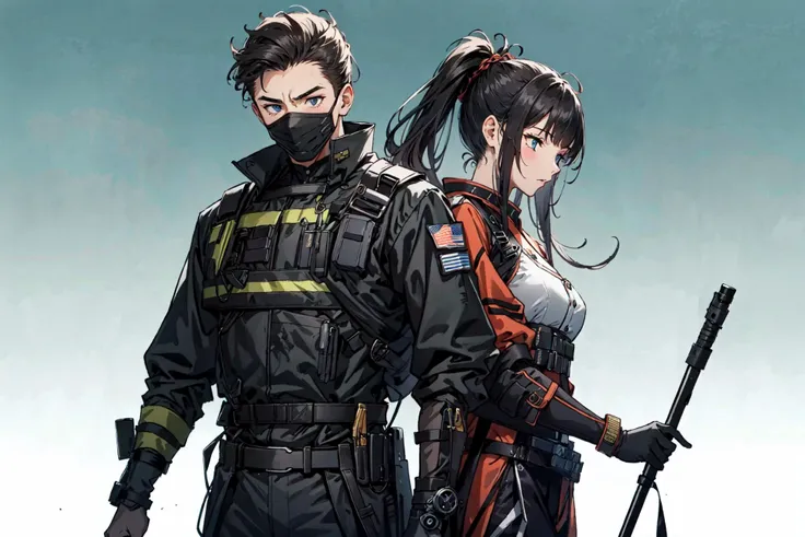 (best quality), oriental detailed background, science fiction,mechanical arms,girl with man , war, monster army, techwear,
military uniform
