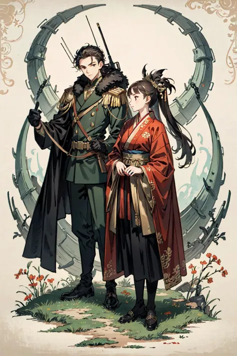 (best quality), oriental detailed background, science fiction,mechanical arms,girl with man , war, monster army,
military uniform