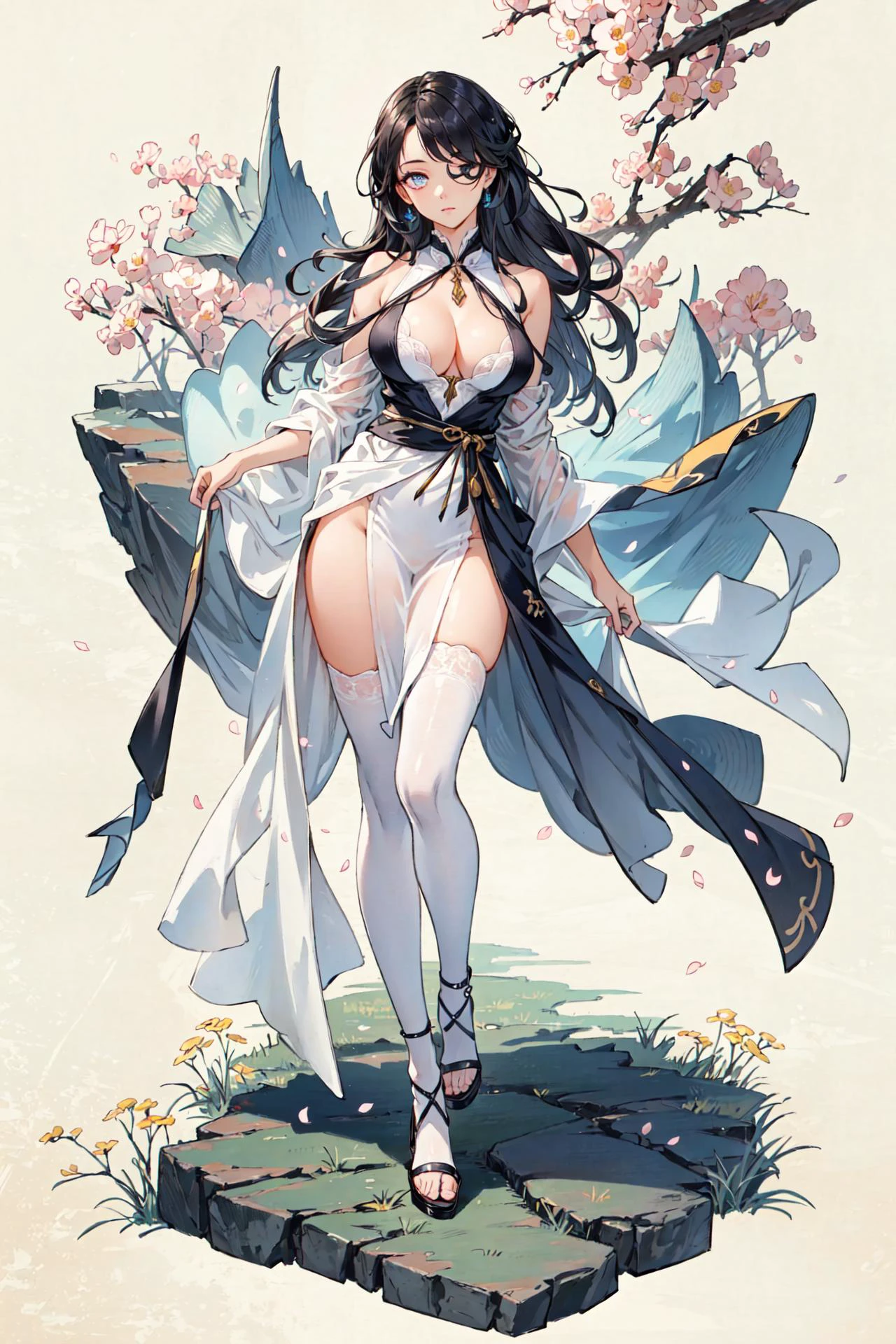 (best quality), oriental detailed background,, (masterpiece),(best quality), girl,((ultra-detailed)), (highly detailed CG illustration),(expressionless),, (best quality:1.2),masterpiece,realistic8K UHD,High definition,(1girl:1.2),High quality texture,intricate details,detailed texture,finely detailed,high detail,extremely detailed cg,High quality shadow,a realistic representation of the face,Detailed beautiful delicate face,Detailed beautiful delicate eyes,a face of perfect proportion,Depth of field,Cinematic Light,Lens Flare,Ray tracing,perspective, hyper breasts:1.9), (sagging breasts:1.6), (high_quality), [nsfw], distinct_image, high_resolution, (full body:1.4), [[dynamic angle]], dynamic pose, (lustrous skin), solo focus, (pubic hair), (finely detailed beautiful eyes and detailed face:1.4),arm behind back, (detailed face), (hair streaked hair), light source contrast, lens flare, buzzcut, hair_over_one_eye, withering look,long hair, pa,masterpiece:1.7, (high_quality dress and innerware), solo focus,[[colored_innerwear]], (full body:1.3), [[dynamic angle]], dynamic pose, (pubic hair), (finely detailed beautiful eyes and detailed face:1.2),cute, beautiful detailed eyes,(hair streaked hair), hair_over_one_eye:1.1,(detailed background) , wide shot, pastel, a girl, forest, spring \(season\), cherry blossoms, wind, leaf,river,stone, shine, shiny ,