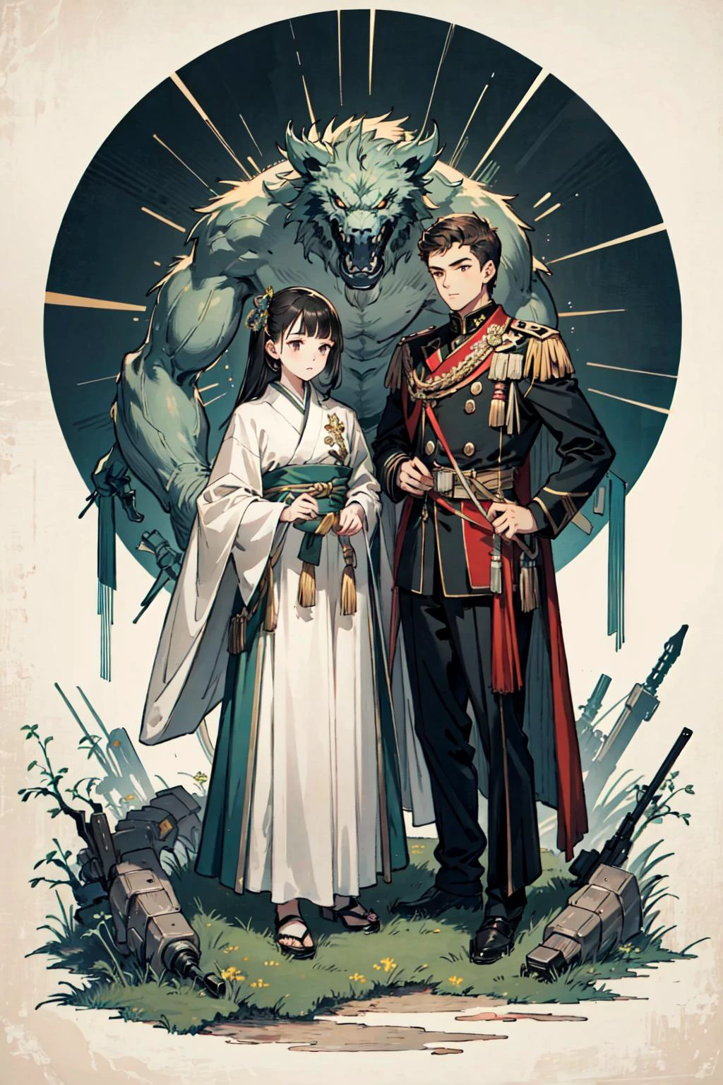 (best quality), oriental detailed background, science fiction,mechanical arms,girl with man , war, monster army,
military uniform