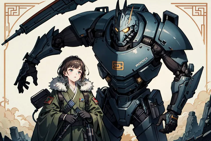(best quality), oriental detailed background, science fiction,mechanical arms,girl with man , war, monster army, techwear,
military uniform
