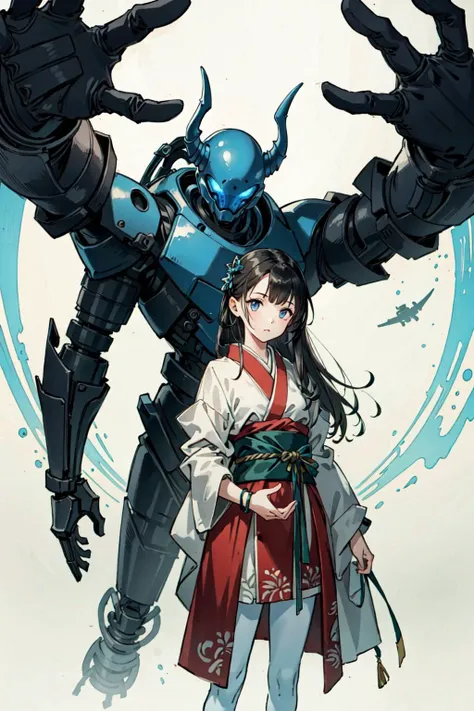 (best quality), oriental detailed background, girl with man, science fiction,mechanical arms, guro,alien, monster
