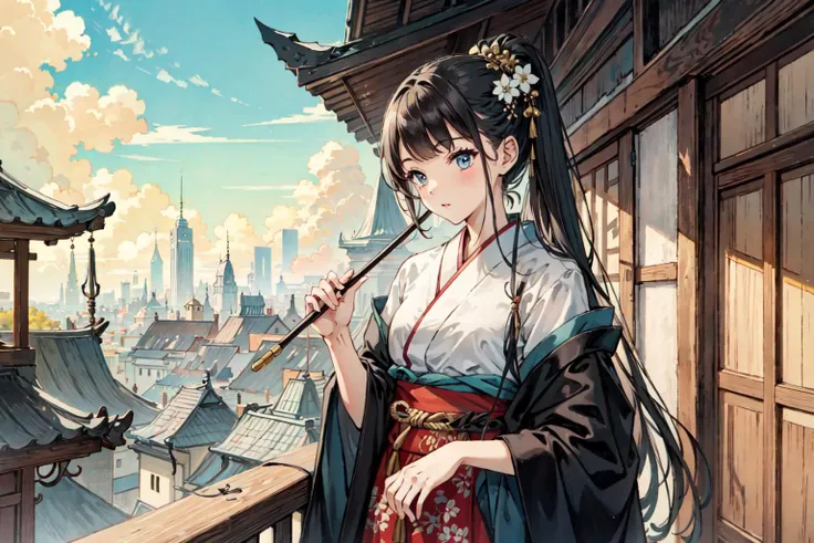 (best quality), girl,oriental detailed background, cityscape,