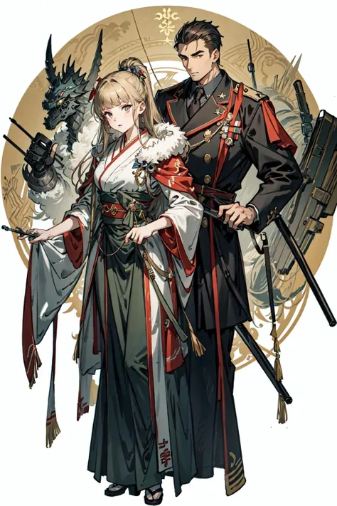 (best quality), oriental detailed background, science fiction,mechanical arms,girl with man , war, monster army,
military uniform