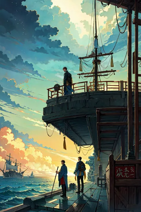 (best quality), oriental detailed background, landscape, man, steampunk, sea, night