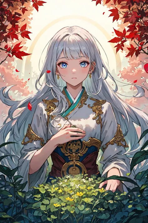 (best quality), oriental detailed background,, ((masterpiece)), (((best quality))), ((ultra-detailed)), ((disheveled hair)), (1 girl), (solo), (beautiful white young beauty girl), korean idol, (whole body), dynamic angle, beautiful detailed eyes, hairs between eyes, (small head), (cannon EOS 5D MARK III, 50mm Sigma f/1.4 ZEISS lens, F1.4, 1/800s, ISO 100:1), nsfw, masterpiece, best quality, asymmetrical bangs, hair behind ear, hair over one eyebrow, delicate facial features,1girl, white hair, red bridge hair, eromanga, Urban_Fantasy, alchemist,, ((cinematic light)), ultra detailed, best quality, absurdres, high resolution, (extremely detailed 8k wallpaper), ((an delicate and beautiful)), pixiv, hyper detailed, best anatomy, illustration, no human, (((masterpiece))), ((highres)), ((high quality)), (intricate details), (fantasy), detailed forest, (colorful various leaves), ((rainbow)), (liquid), best shadow, sunlight, hollow, colorful, pink petals, gold leaves, (blue leaves), lens flare, pastel color,