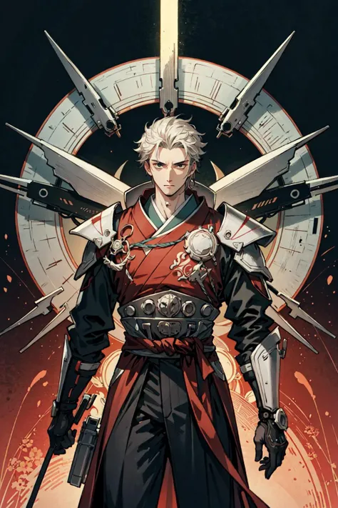 (best quality), oriental detailed background, man, science fiction,mechanical arms,