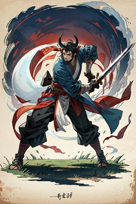 (best quality),  detailed background, oriental nobless,ghost man,combat arts, holding holding sword, oriental castle,oni, monster army
