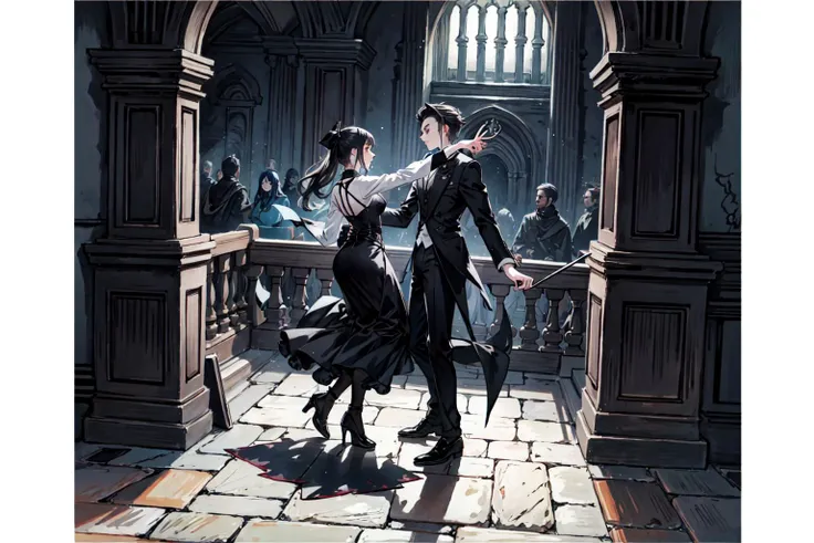 (best quality), detailed background,gothic girl, horror, vampire, nobless,girl dancing with man,castle