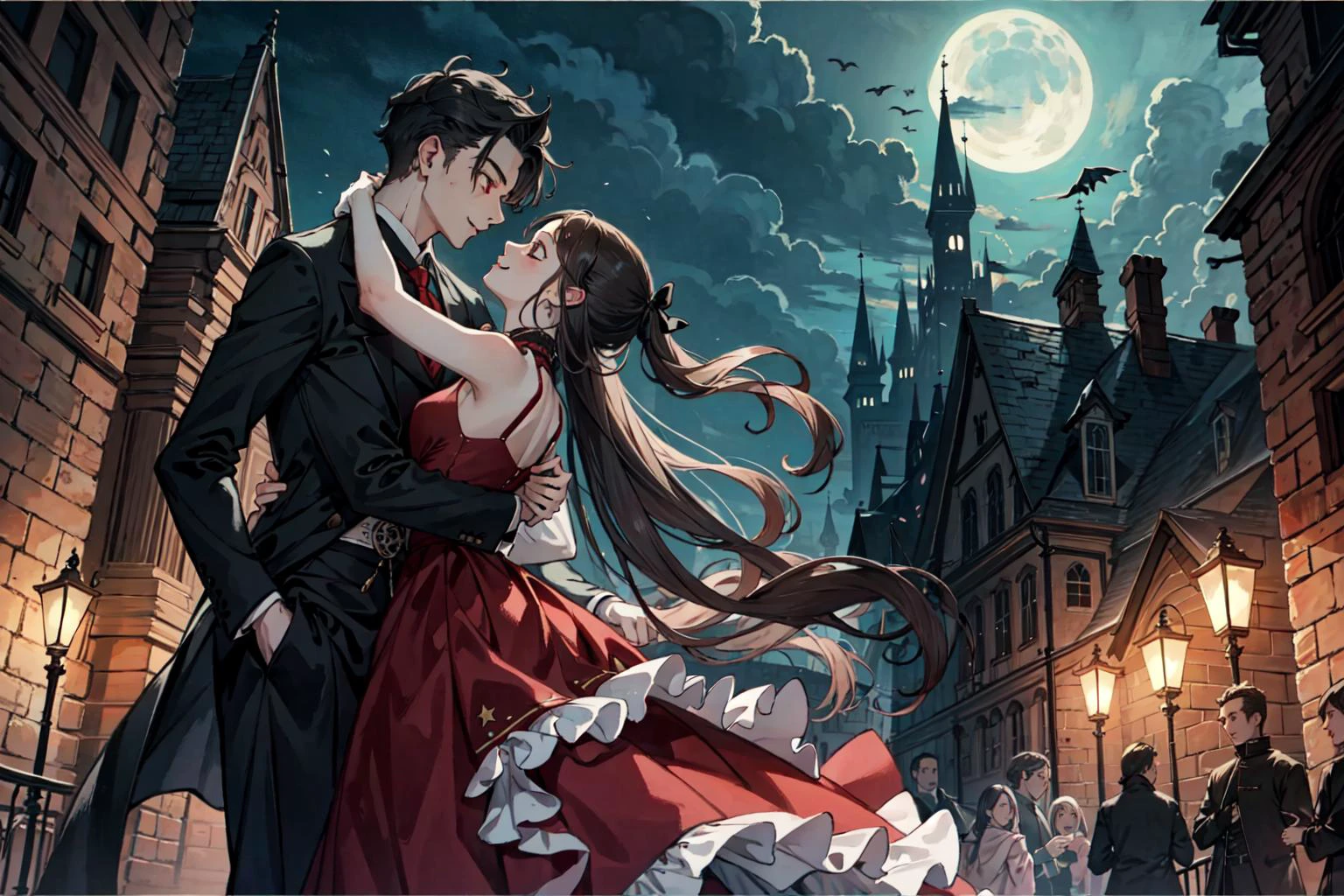 (best quality), detailed background,gothic girl, horror, vampire, nobless,girl dancing with man,castle