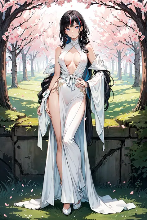 (best quality), oriental detailed background,, (masterpiece),(best quality), girl,((ultra-detailed)), (highly detailed CG illustration),(expressionless),, (best quality:1.2),masterpiece,realistic8K UHD,High definition,(1girl:1.2),High quality texture,intricate details,detailed texture,finely detailed,high detail,extremely detailed cg,High quality shadow,a realistic representation of the face,Detailed beautiful delicate face,Detailed beautiful delicate eyes,a face of perfect proportion,Depth of field,Cinematic Light,Lens Flare,Ray tracing,perspective, hyper breasts:1.9), (sagging breasts:1.6), (high_quality), [nsfw], distinct_image, high_resolution, (full body:1.4), [[dynamic angle]], dynamic pose, (lustrous skin), solo focus, (pubic hair), (finely detailed beautiful eyes and detailed face:1.4),arm behind back, (detailed face), (hair streaked hair), light source contrast, lens flare, buzzcut, hair_over_one_eye, withering look,long hair, pa,masterpiece:1.7, (high_quality dress and innerware), solo focus,[[colored_innerwear]], (full body:1.3), [[dynamic angle]], dynamic pose, (pubic hair), (finely detailed beautiful eyes and detailed face:1.2),cute, beautiful detailed eyes,(hair streaked hair), hair_over_one_eye:1.1,(detailed background) , wide shot, pastel, a girl, forest, spring \(season\), cherry blossoms, wind, leaf,river,stone, shine, shiny ,