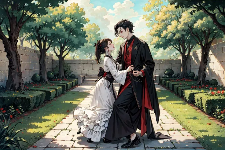 (best quality), detailed background,gothic, horror, vampire, oriental, nobless,girl dancing with man,garden
