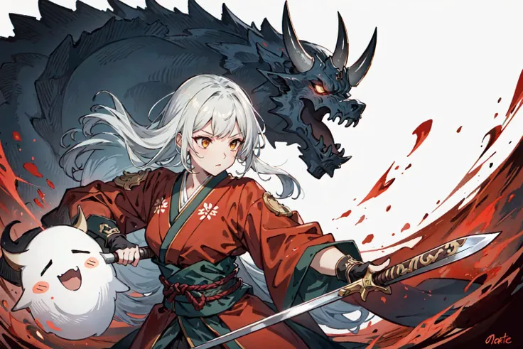 (best quality),  detailed background, oriental nobless,ghost girl,combat arts, holding holding weapon,oni, monster army