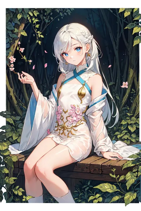 (best quality), oriental detailed background,, ((masterpiece)), (((best quality))), ((ultra-detailed)), ((disheveled hair)), (1 girl), (solo), (beautiful white young beauty girl), korean idol, (whole body), dynamic angle, beautiful detailed eyes, hairs between eyes, (small head), (cannon EOS 5D MARK III, 50mm Sigma f/1.4 ZEISS lens, F1.4, 1/800s, ISO 100:1), nsfw, masterpiece, best quality, asymmetrical bangs, hair behind ear, hair over one eyebrow, delicate facial features,1girl, white hair, red bridge hair, eromanga, Urban_Fantasy, alchemist,, ((cinematic light)), ultra detailed, best quality, absurdres, high resolution, (extremely detailed 8k wallpaper), ((an delicate and beautiful)), pixiv, hyper detailed, best anatomy, illustration, no human, (((masterpiece))), ((highres)), ((high quality)), (intricate details), (fantasy), detailed forest, (colorful various leaves), ((rainbow)), (liquid), best shadow, sunlight, hollow, colorful, pink petals, gold leaves, (blue leaves), lens flare, pastel color,