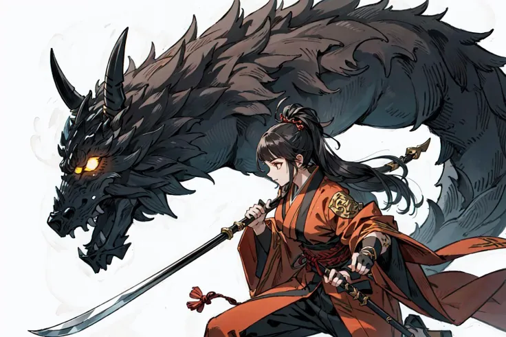 (best quality), detailed background, oriental nobless,warrior girl,combat arts,holding halberd,oni, monster army