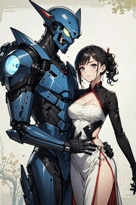 (best quality), oriental detailed background, girl with man, science fiction,mechanical arms, guro,alien, monster