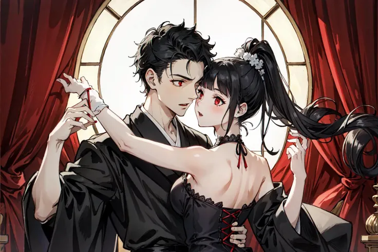 (best quality), detailed background,oriental gothic girl, horror, vampire, nobless,girl dancing with man,castle,