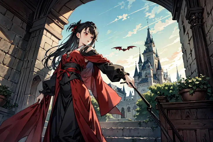 (best quality), detailed background,oriental gothic girl, horror, vampire, nobless,girl dancing with man,castle,