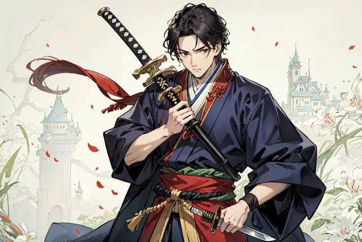 (best quality), detailed background, oriental emperor,man,combat arts, holding holding sword, oriental castle,