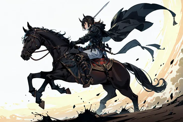 (best quality),  detailed background, oriental nobless,warrior girl,combat monster,holding halberd,oni, techwear,riding horse ,mechanical arms, slash army