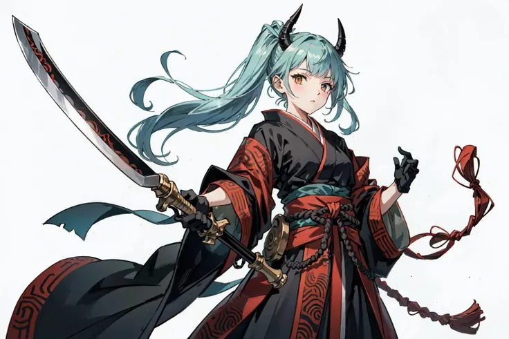 (best quality), detailed background, oriental nobless,ghost girl,combat arts, holding holding weapon,oni, monster army