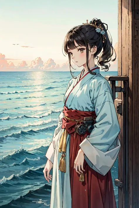 (best quality), girl,oriental detailed background, landscape, steampunk, sea,hanbok