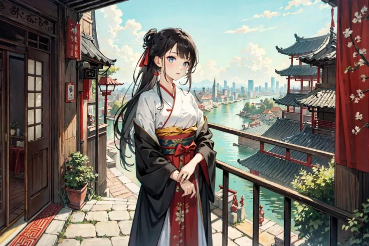 (best quality), girl,oriental detailed background, cityscape,