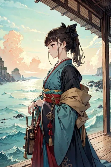 (best quality), girl,oriental detailed background, landscape, steampunk, sea,hanbok